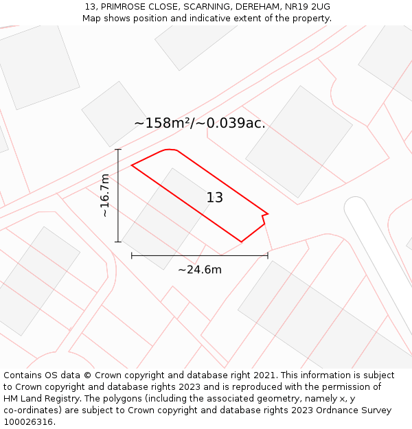 13, PRIMROSE CLOSE, SCARNING, DEREHAM, NR19 2UG: Plot and title map