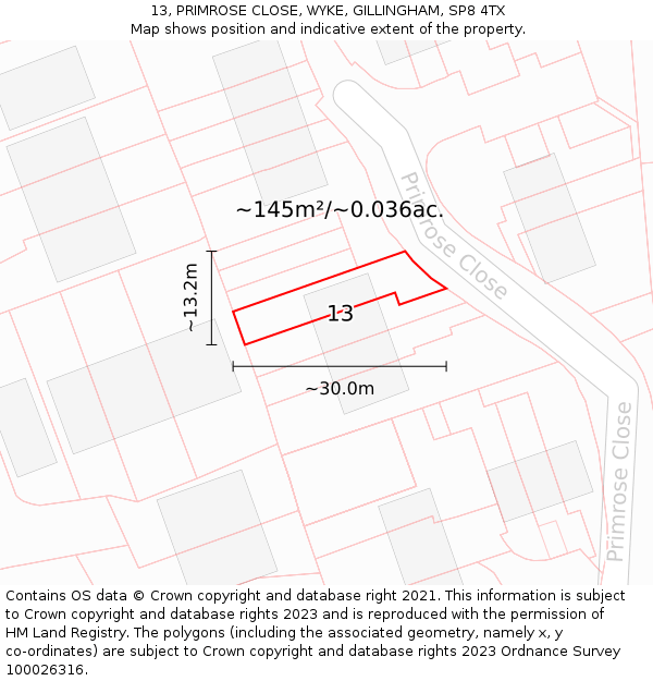 13, PRIMROSE CLOSE, WYKE, GILLINGHAM, SP8 4TX: Plot and title map
