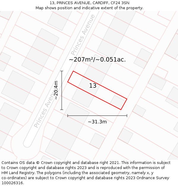 13, PRINCES AVENUE, CARDIFF, CF24 3SN: Plot and title map
