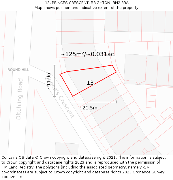 13, PRINCES CRESCENT, BRIGHTON, BN2 3RA: Plot and title map