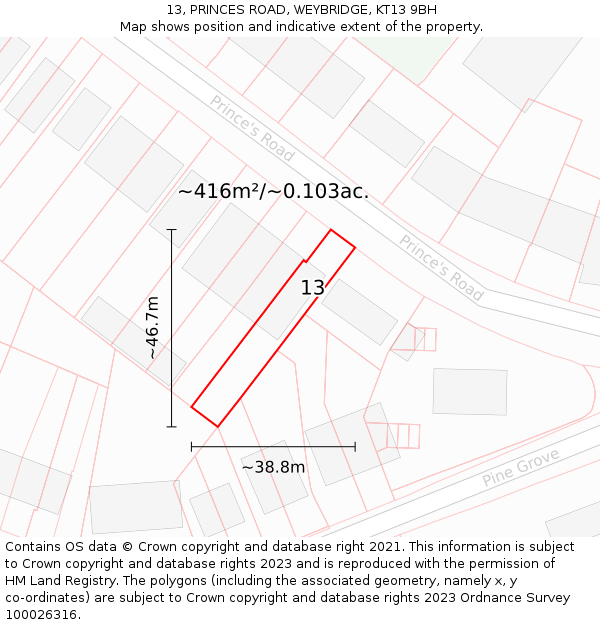 13, PRINCES ROAD, WEYBRIDGE, KT13 9BH: Plot and title map