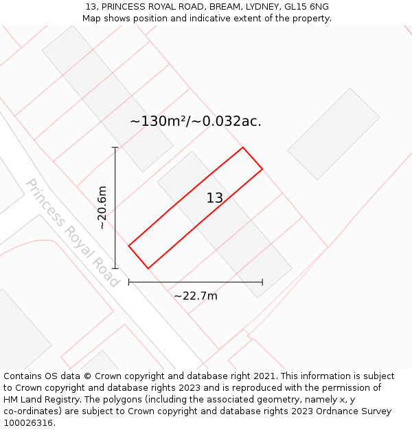 13, PRINCESS ROYAL ROAD, BREAM, LYDNEY, GL15 6NG: Plot and title map