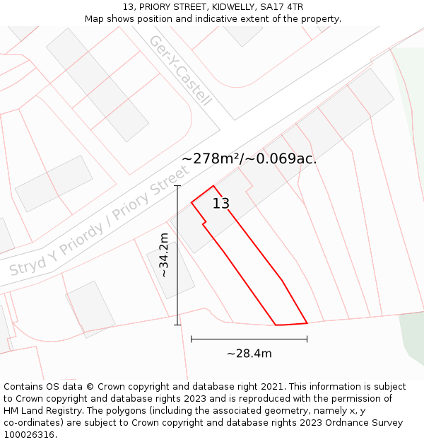 13, PRIORY STREET, KIDWELLY, SA17 4TR: Plot and title map