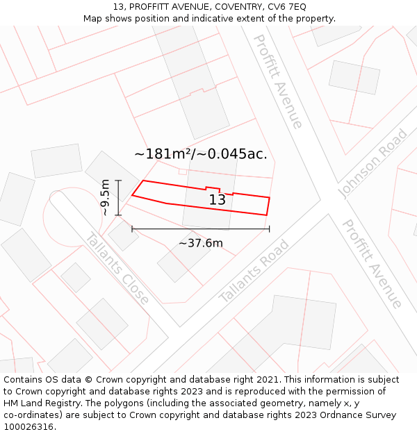 13, PROFFITT AVENUE, COVENTRY, CV6 7EQ: Plot and title map