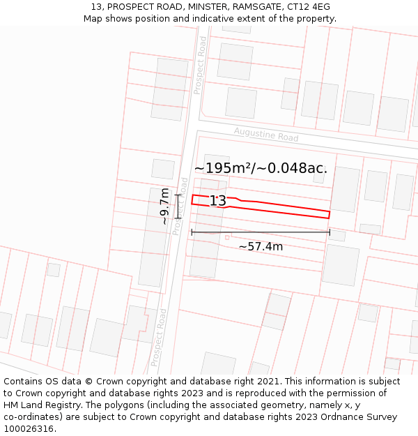 13, PROSPECT ROAD, MINSTER, RAMSGATE, CT12 4EG: Plot and title map