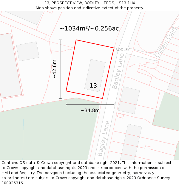 13, PROSPECT VIEW, RODLEY, LEEDS, LS13 1HX: Plot and title map