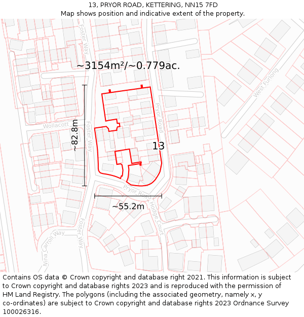 13, PRYOR ROAD, KETTERING, NN15 7FD: Plot and title map
