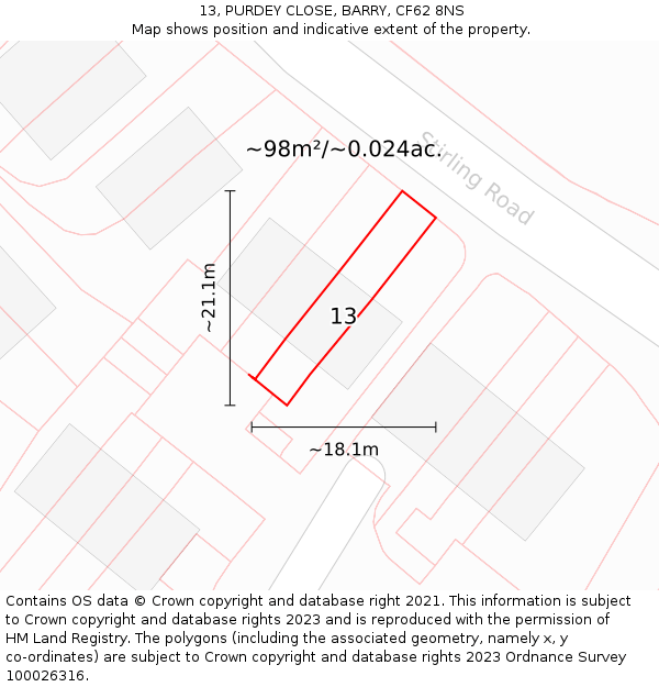 13, PURDEY CLOSE, BARRY, CF62 8NS: Plot and title map