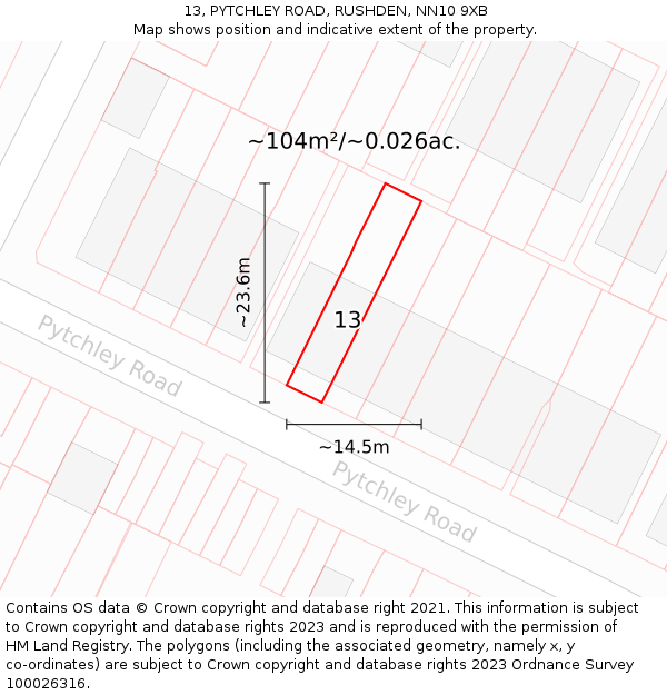 13, PYTCHLEY ROAD, RUSHDEN, NN10 9XB: Plot and title map