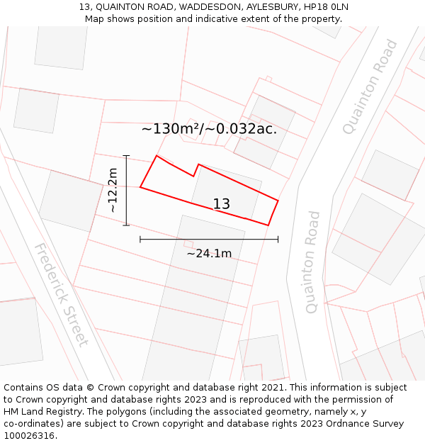 13, QUAINTON ROAD, WADDESDON, AYLESBURY, HP18 0LN: Plot and title map