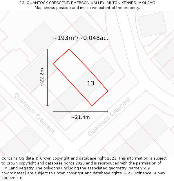 13, QUANTOCK CRESCENT, EMERSON VALLEY, MILTON KEYNES, MK4 2AG: Plot and title map