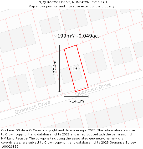 13, QUANTOCK DRIVE, NUNEATON, CV10 8PU: Plot and title map