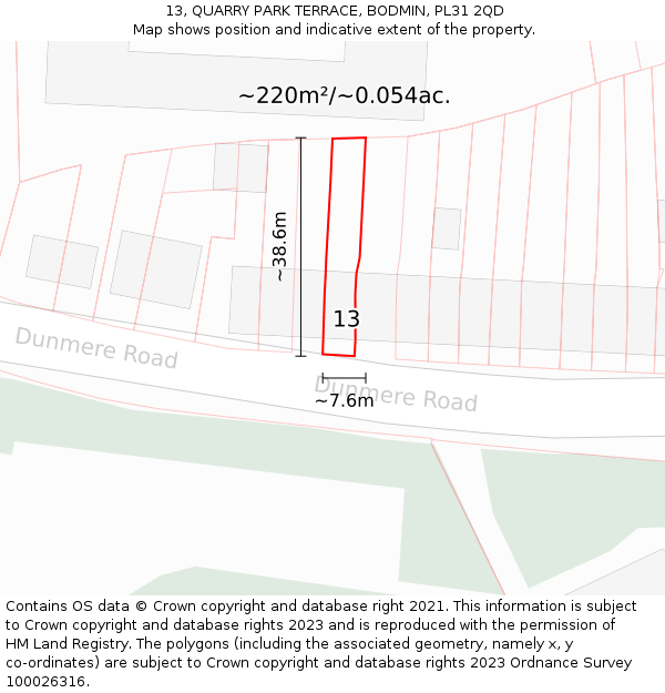 13, QUARRY PARK TERRACE, BODMIN, PL31 2QD: Plot and title map