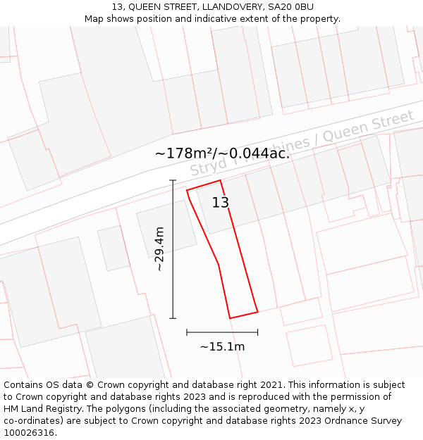 13, QUEEN STREET, LLANDOVERY, SA20 0BU: Plot and title map