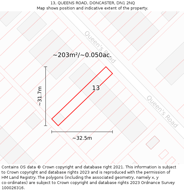 13, QUEENS ROAD, DONCASTER, DN1 2NQ: Plot and title map