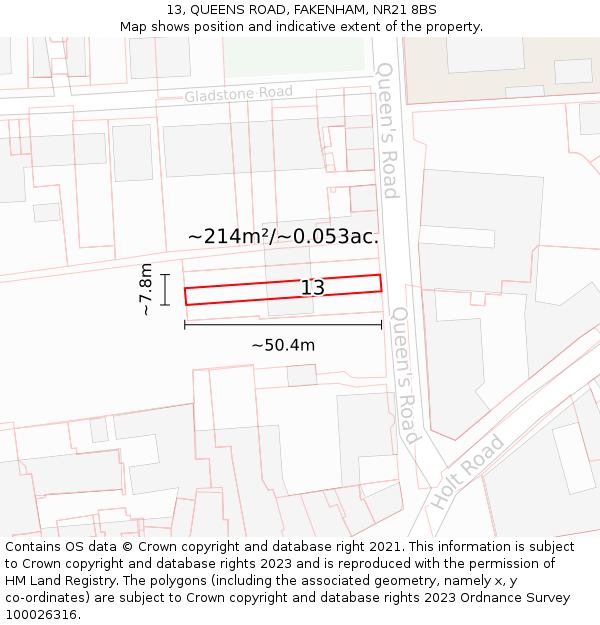 13, QUEENS ROAD, FAKENHAM, NR21 8BS: Plot and title map