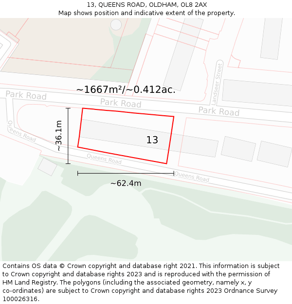 13, QUEENS ROAD, OLDHAM, OL8 2AX: Plot and title map