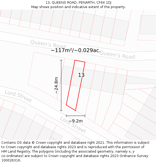 13, QUEENS ROAD, PENARTH, CF64 1DJ: Plot and title map