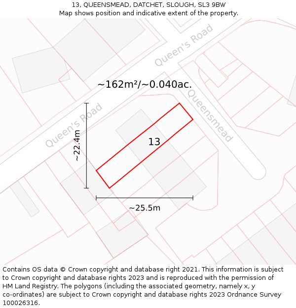13, QUEENSMEAD, DATCHET, SLOUGH, SL3 9BW: Plot and title map