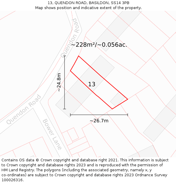 13, QUENDON ROAD, BASILDON, SS14 3PB: Plot and title map