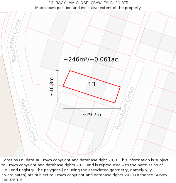 13, RACKHAM CLOSE, CRAWLEY, RH11 8TB: Plot and title map