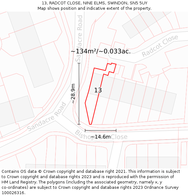 13, RADCOT CLOSE, NINE ELMS, SWINDON, SN5 5UY: Plot and title map