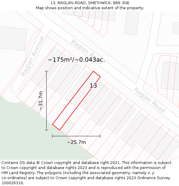 13, RAGLAN ROAD, SMETHWICK, B66 3NE: Plot and title map