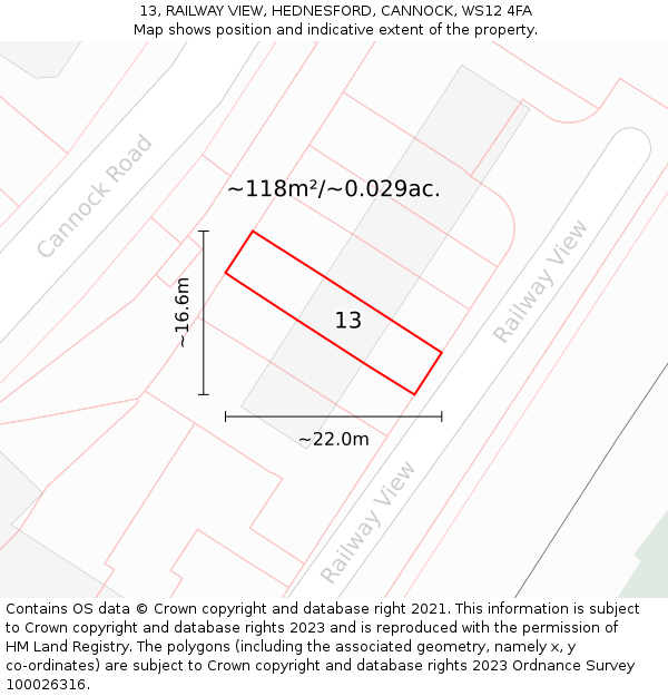 13, RAILWAY VIEW, HEDNESFORD, CANNOCK, WS12 4FA: Plot and title map