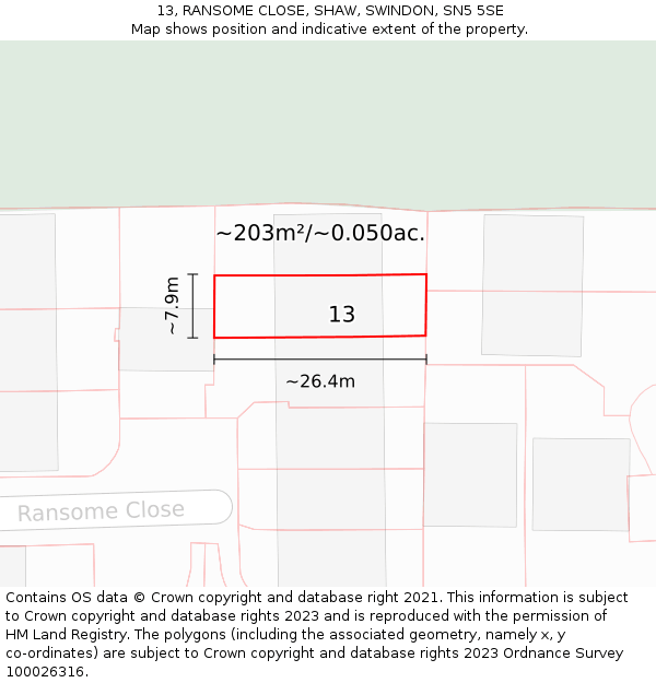 13, RANSOME CLOSE, SHAW, SWINDON, SN5 5SE: Plot and title map