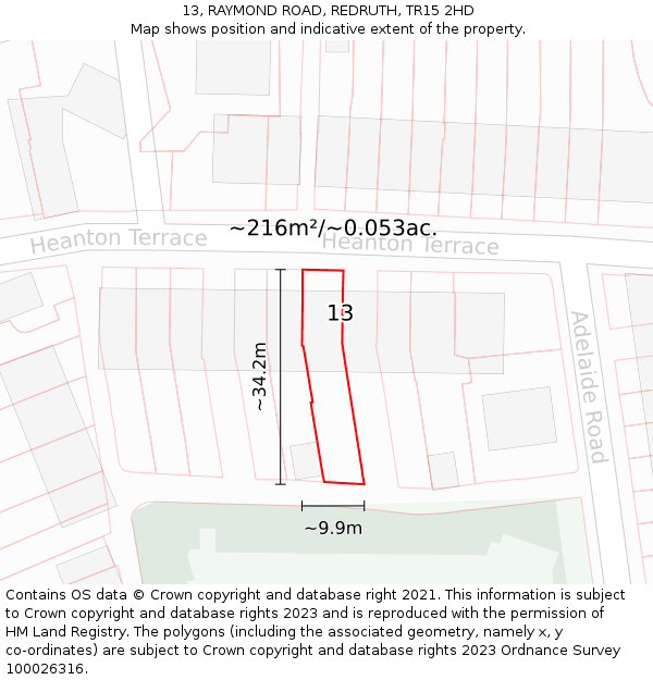 13, RAYMOND ROAD, REDRUTH, TR15 2HD: Plot and title map