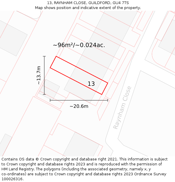 13, RAYNHAM CLOSE, GUILDFORD, GU4 7TS: Plot and title map