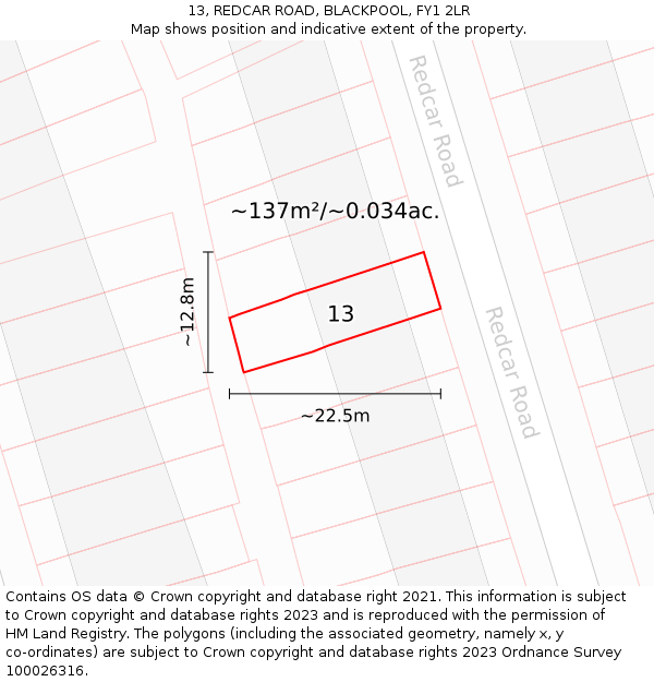 13, REDCAR ROAD, BLACKPOOL, FY1 2LR: Plot and title map