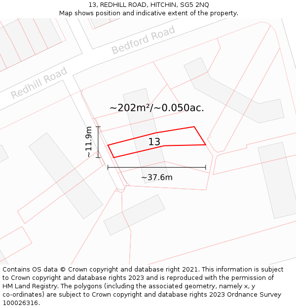 13, REDHILL ROAD, HITCHIN, SG5 2NQ: Plot and title map