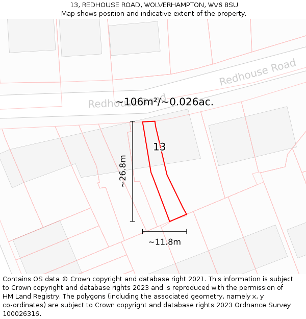13, REDHOUSE ROAD, WOLVERHAMPTON, WV6 8SU: Plot and title map