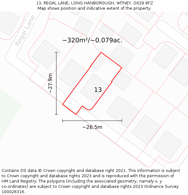 13, REGAL LANE, LONG HANBOROUGH, WITNEY, OX29 8FZ: Plot and title map