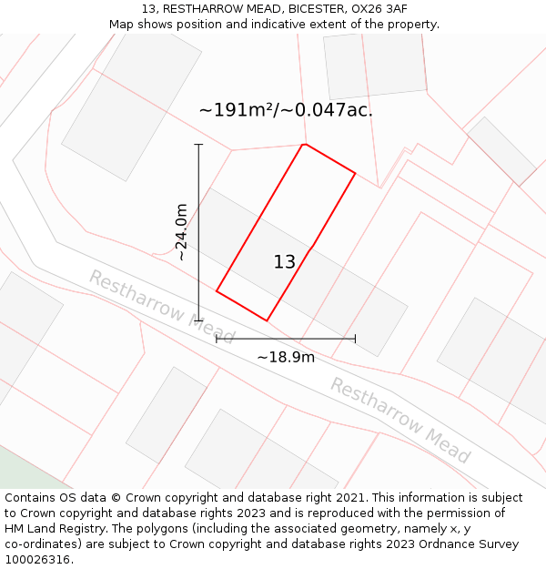 13, RESTHARROW MEAD, BICESTER, OX26 3AF: Plot and title map