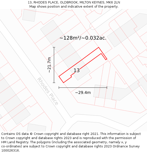 13, RHODES PLACE, OLDBROOK, MILTON KEYNES, MK6 2LN: Plot and title map