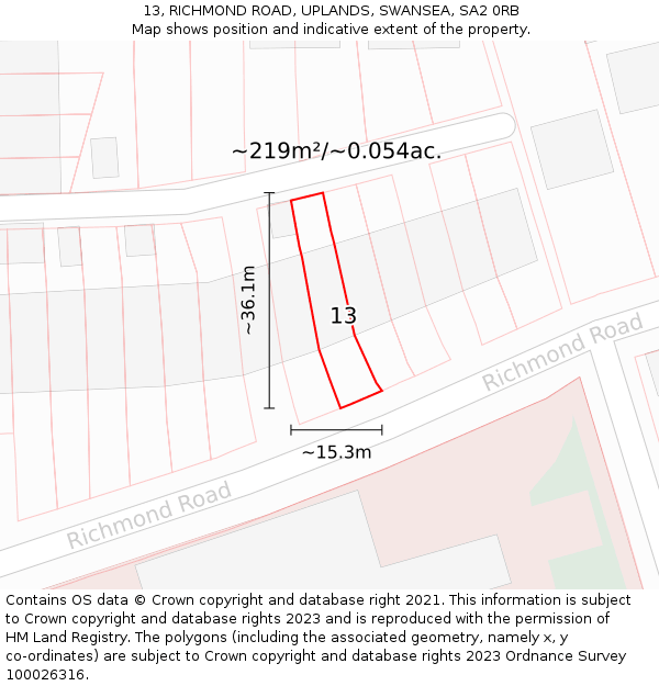 13, RICHMOND ROAD, UPLANDS, SWANSEA, SA2 0RB: Plot and title map