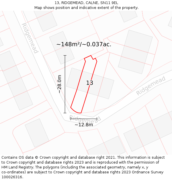 13, RIDGEMEAD, CALNE, SN11 9EL: Plot and title map