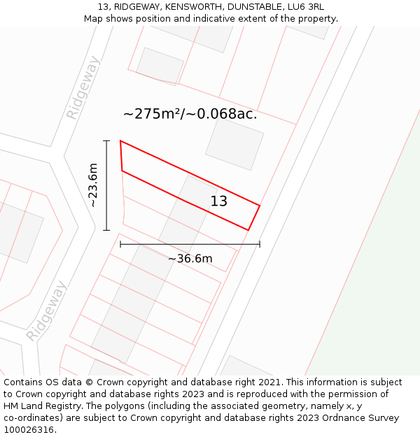 13, RIDGEWAY, KENSWORTH, DUNSTABLE, LU6 3RL: Plot and title map