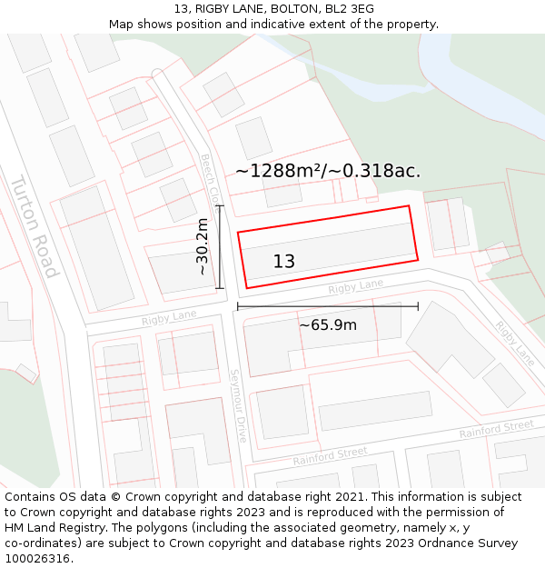 13, RIGBY LANE, BOLTON, BL2 3EG: Plot and title map