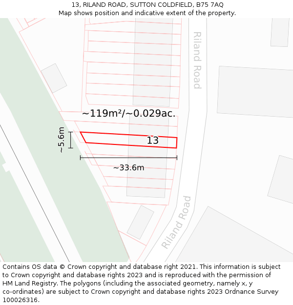 13, RILAND ROAD, SUTTON COLDFIELD, B75 7AQ: Plot and title map