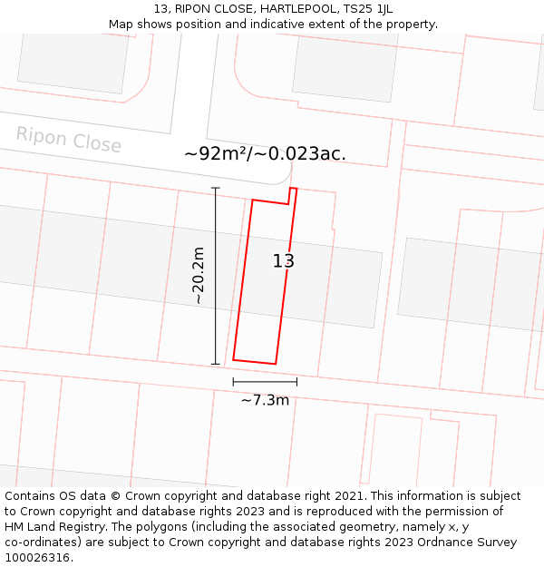 13, RIPON CLOSE, HARTLEPOOL, TS25 1JL: Plot and title map