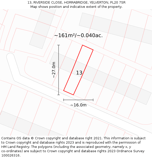 13, RIVERSIDE CLOSE, HORRABRIDGE, YELVERTON, PL20 7SR: Plot and title map
