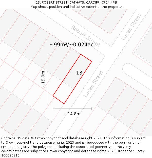 13, ROBERT STREET, CATHAYS, CARDIFF, CF24 4PB: Plot and title map