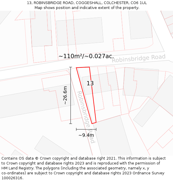 13, ROBINSBRIDGE ROAD, COGGESHALL, COLCHESTER, CO6 1UL: Plot and title map
