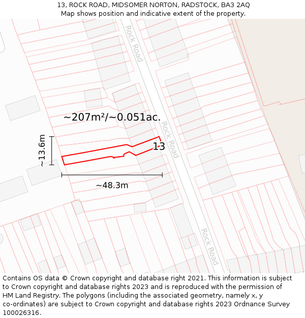 13, ROCK ROAD, MIDSOMER NORTON, RADSTOCK, BA3 2AQ: Plot and title map