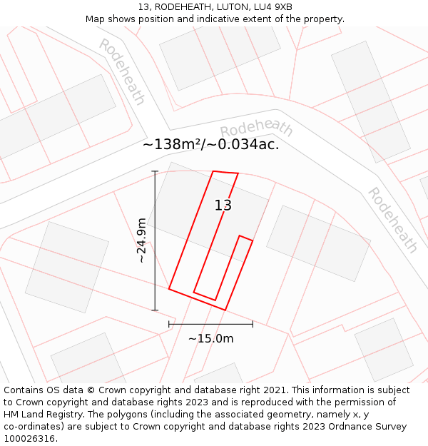 13, RODEHEATH, LUTON, LU4 9XB: Plot and title map