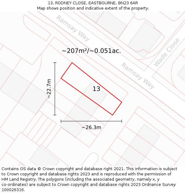 13, RODNEY CLOSE, EASTBOURNE, BN23 6AR: Plot and title map
