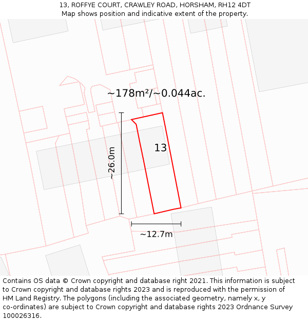 13, ROFFYE COURT, CRAWLEY ROAD, HORSHAM, RH12 4DT: Plot and title map